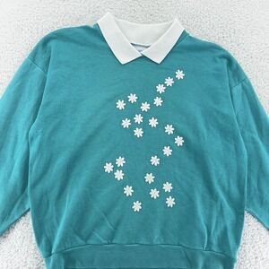 vtg Bold Spirit Sweater BOXY Medium Floral Daisy Embroidered PulloverCollar‎